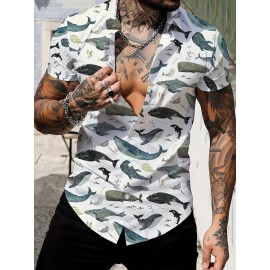 Men's Whale 3D Print Casual Shirt, Button Front Short Sleeve Top, Men's Clothes For Daily Wear/Party Men's Whale 3D Print Casual Shirt, Button Front Short Sleeve Top, Men's Clothes For Daily Wear/Party