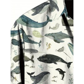 Men's Whale 3D Print Casual Shirt, Button Front Short Sleeve Top, Men's Clothes For Daily Wear/Party Men's Whale 3D Print Casual Shirt, Button Front Short Sleeve Top, Men's Clothes For Daily Wear/Party