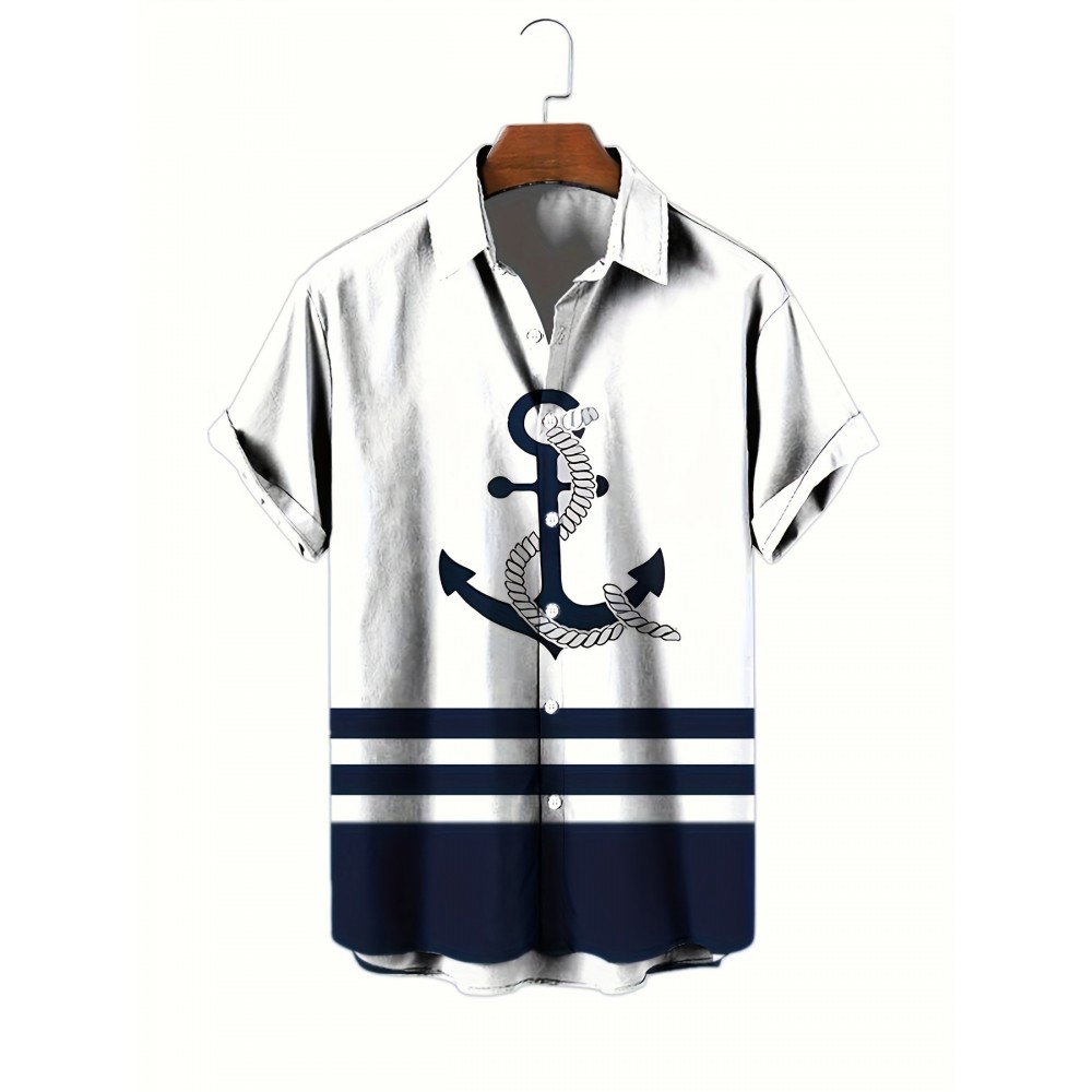Men's Marine Style Anchor 3D Print Casual Shirt, Button Front Short Sleeve Top, Men's Clothes For Daily Wear/Party Men's Marine Style Anchor 3D Print Casual Shirt, Button Front Short Sleeve Top, Men's Clothes For Daily Wear/Party