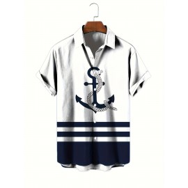Men's Marine Style Anchor 3D Print Casual Shirt, Button Front Short Sleeve Top, Men's Clothes For Daily Wear/Party Men's Marine Style Anchor 3D Print Casual Shirt, Button Front Short Sleeve Top, Men's Clothes For Daily Wear/Party
