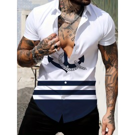 Men's Marine Style Anchor 3D Print Casual Shirt, Button Front Short Sleeve Top, Men's Clothes For Daily Wear/Party Men's Marine Style Anchor 3D Print Casual Shirt, Button Front Short Sleeve Top, Men's Clothes For Daily Wear/Party
