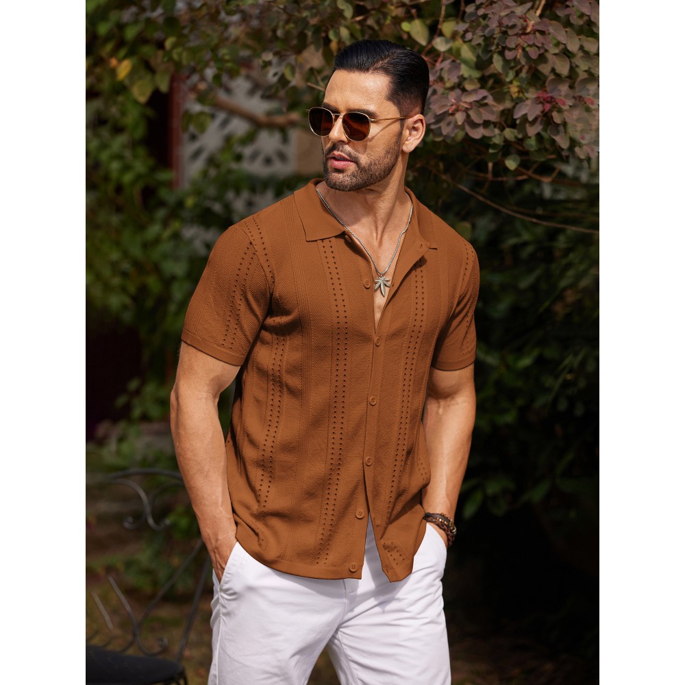 Men'S Summer Casual Knit Button-Down Lapel Shirts - Regular Fit, Slight Stretch Fabric, Solid Color Short Sleeve Casual Shirt with Button Detail Men'S Summer Casual Knit Button-Down Lapel Shirts - Regular Fit, Slight Stretch Fabric, Solid Color Short Sleeve Casual Shirt with Button Detail