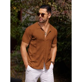 Men'S Summer Casual Knit Button-Down Lapel Shirts - Regular Fit, Slight Stretch Fabric, Solid Color Short Sleeve Casual Shirt with Button Detail Men'S Summer Casual Knit Button-Down Lapel Shirts - Regular Fit, Slight Stretch Fabric, Solid Color Short Sleeve Casual Shirt with Button Detail