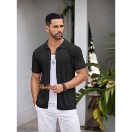 Men'S Summer Casual Knit Button-Down Lapel Shirts - Regular Fit, Slight Stretch Fabric, Solid Color Short Sleeve Casual Shirt with Button Detail Men'S Summer Casual Knit Button-Down Lapel Shirts - Regular Fit, Slight Stretch Fabric, Solid Color Short Sleeve Casual Shirt with Button Detail