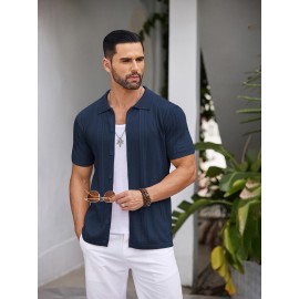 Men'S Summer Casual Knit Button-Down Lapel Shirts - Regular Fit, Slight Stretch Fabric, Solid Color Short Sleeve Casual Shirt with Button Detail Men'S Summer Casual Knit Button-Down Lapel Shirts - Regular Fit, Slight Stretch Fabric, Solid Color Short Sleeve Casual Shirt with Button Detail