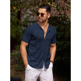 Men'S Summer Casual Knit Button-Down Lapel Shirts - Regular Fit, Slight Stretch Fabric, Solid Color Short Sleeve Casual Shirt with Button Detail Men'S Summer Casual Knit Button-Down Lapel Shirts - Regular Fit, Slight Stretch Fabric, Solid Color Short Sleeve Casual Shirt with Button Detail