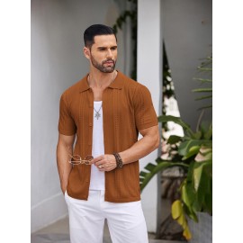Men'S Summer Casual Knit Button-Down Lapel Shirts - Regular Fit, Slight Stretch Fabric, Solid Color Short Sleeve Casual Shirt with Button Detail Men'S Summer Casual Knit Button-Down Lapel Shirts - Regular Fit, Slight Stretch Fabric, Solid Color Short Sleeve Casual Shirt with Button Detail