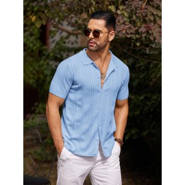 Men'S Summer Casual Knit Button-Down Lapel Shirts - Regular Fit, Slight Stretch Fabric, Solid Color Short Sleeve Casual Shirt with Button Detail Men'S Summer Casual Knit Button-Down Lapel Shirts - Regular Fit, Slight Stretch Fabric, Solid Color Short Sleeve Casual Shirt with Button Detail