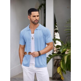 Men'S Summer Casual Knit Button-Down Lapel Shirts - Regular Fit, Slight Stretch Fabric, Solid Color Short Sleeve Casual Shirt with Button Detail Men'S Summer Casual Knit Button-Down Lapel Shirts - Regular Fit, Slight Stretch Fabric, Solid Color Short Sleeve Casual Shirt with Button Detail