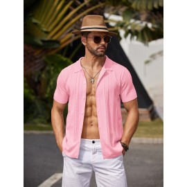Men'S Summer Casual Knit Button-Down Lapel Shirts - Regular Fit, Slight Stretch Fabric, Solid Color Short Sleeve Casual Shirt with Button Detail Men'S Summer Casual Knit Button-Down Lapel Shirts - Regular Fit, Slight Stretch Fabric, Solid Color Short Sleeve Casual Shirt with Button Detail