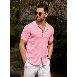 Men'S Summer Casual Knit Button-Down Lapel Shirts - Regular Fit, Slight Stretch Fabric, Solid Color Short Sleeve Casual Shirt with Button Detail Men'S Summer Casual Knit Button-Down Lapel Shirts - Regular Fit, Slight Stretch Fabric, Solid Color Short Sleeve Casual Shirt with Button Detail
