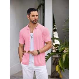 Men'S Summer Casual Knit Button-Down Lapel Shirts - Regular Fit, Slight Stretch Fabric, Solid Color Short Sleeve Casual Shirt with Button Detail Men'S Summer Casual Knit Button-Down Lapel Shirts - Regular Fit, Slight Stretch Fabric, Solid Color Short Sleeve Casual Shirt with Button Detail