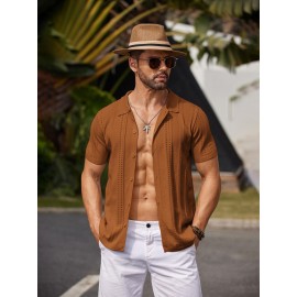 Men'S Summer Casual Knit Button-Down Lapel Shirts - Regular Fit, Slight Stretch Fabric, Solid Color Short Sleeve Casual Shirt with Button Detail Men'S Summer Casual Knit Button-Down Lapel Shirts - Regular Fit, Slight Stretch Fabric, Solid Color Short Sleeve Casual Shirt with Button Detail