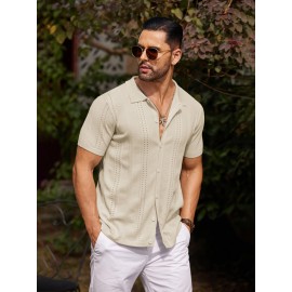 Men'S Summer Casual Knit Button-Down Lapel Shirts - Regular Fit, Slight Stretch Fabric, Solid Color Short Sleeve Casual Shirt with Button Detail Men'S Summer Casual Knit Button-Down Lapel Shirts - Regular Fit, Slight Stretch Fabric, Solid Color Short Sleeve Casual Shirt with Button Detail