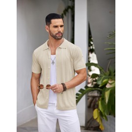 Men'S Summer Casual Knit Button-Down Lapel Shirts - Regular Fit, Slight Stretch Fabric, Solid Color Short Sleeve Casual Shirt with Button Detail Men'S Summer Casual Knit Button-Down Lapel Shirts - Regular Fit, Slight Stretch Fabric, Solid Color Short Sleeve Casual Shirt with Button Detail