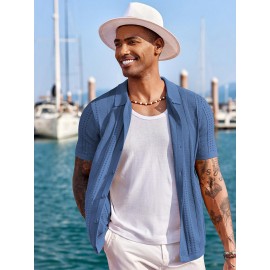 Men'S Summer Casual Knit Button-Down Lapel Shirts - Regular Fit, Slight Stretch Fabric, Solid Color Short Sleeve Casual Shirt with Button Detail Men'S Summer Casual Knit Button-Down Lapel Shirts - Regular Fit, Slight Stretch Fabric, Solid Color Short Sleeve Casual Shirt with Button Detail