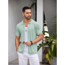 Men'S Summer Casual Knit Button-Down Lapel Shirts - Regular Fit, Slight Stretch Fabric, Solid Color Short Sleeve Casual Shirt with Button Detail Men'S Summer Casual Knit Button-Down Lapel Shirts - Regular Fit, Slight Stretch Fabric, Solid Color Short Sleeve Casual Shirt with Button Detail