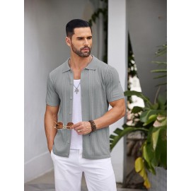 Men'S Summer Casual Knit Button-Down Lapel Shirts - Regular Fit, Slight Stretch Fabric, Solid Color Short Sleeve Casual Shirt with Button Detail Men'S Summer Casual Knit Button-Down Lapel Shirts - Regular Fit, Slight Stretch Fabric, Solid Color Short Sleeve Casual Shirt with Button Detail
