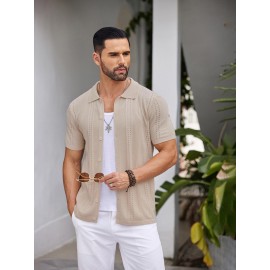 Men'S Summer Casual Knit Button-Down Lapel Shirts - Regular Fit, Slight Stretch Fabric, Solid Color Short Sleeve Casual Shirt with Button Detail Men'S Summer Casual Knit Button-Down Lapel Shirts - Regular Fit, Slight Stretch Fabric, Solid Color Short Sleeve Casual Shirt with Button Detail