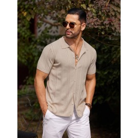 Men'S Summer Casual Knit Button-Down Lapel Shirts - Regular Fit, Slight Stretch Fabric, Solid Color Short Sleeve Casual Shirt with Button Detail Men'S Summer Casual Knit Button-Down Lapel Shirts - Regular Fit, Slight Stretch Fabric, Solid Color Short Sleeve Casual Shirt with Button Detail