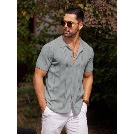 Men'S Summer Casual Knit Button-Down Lapel Shirts - Regular Fit, Slight Stretch Fabric, Solid Color Short Sleeve Casual Shirt with Button Detail Men'S Summer Casual Knit Button-Down Lapel Shirts - Regular Fit, Slight Stretch Fabric, Solid Color Short Sleeve Casual Shirt with Button Detail