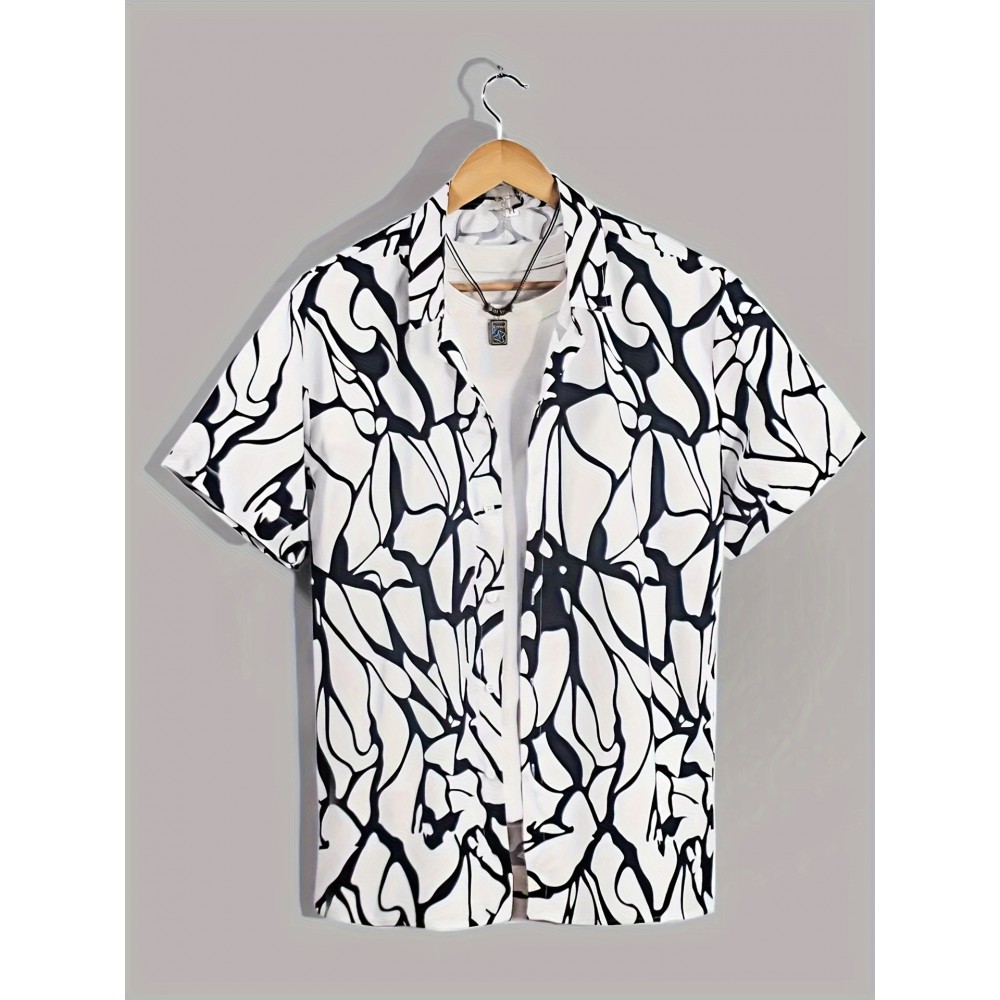 Crackle Pattern Print Men's Color Block Short Sleeve Button Up Lapel Shirt For Summer Resort Holiday, Hawaiian Style Crackle Pattern Print Men's Color Block Short Sleeve Button Up Lapel Shirt For Summer Resort Holiday, Hawaiian Style