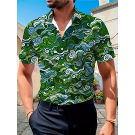 Men's Novelty Geometric Print Button-Up Shirt - Casual, Breathable Polyester, Machine Washable Men's Novelty Geometric Print Button-Up Shirt - Casual, Breathable Polyester, Machine Washable
