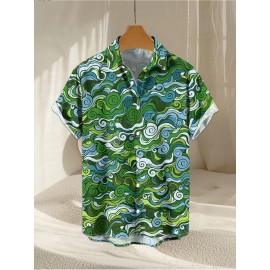 Men's Novelty Geometric Print Button-Up Shirt - Casual, Breathable Polyester, Machine Washable Men's Novelty Geometric Print Button-Up Shirt - Casual, Breathable Polyester, Machine Washable