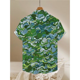 Men's Novelty Geometric Print Button-Up Shirt - Casual, Breathable Polyester, Machine Washable Men's Novelty Geometric Print Button-Up Shirt - Casual, Breathable Polyester, Machine Washable