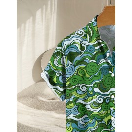 Men's Novelty Geometric Print Button-Up Shirt - Casual, Breathable Polyester, Machine Washable Men's Novelty Geometric Print Button-Up Shirt - Casual, Breathable Polyester, Machine Washable