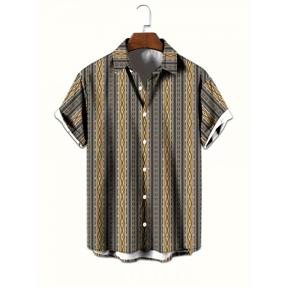 Men's Ethnic Style Geometric Pattern 3D Print Casual Shirt, Button Front Short Sleeve Top, Men's Clothes For Daily Wear/Party Men's Ethnic Style Geometric Pattern 3D Print Casual Shirt, Button Front Short Sleeve Top, Men's Clothes For Daily Wear/Party