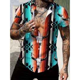 Men's Western Style Bull Skull 3D Print Casual Shirt, Button Front Short Sleeve Top, Men's Clothes For Daily Wear/Party Men's Western Style Bull Skull 3D Print Casual Shirt, Button Front Short Sleeve Top, Men's Clothes For Daily Wear/Party