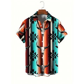 Men's Western Style Bull Skull 3D Print Casual Shirt, Button Front Short Sleeve Top, Men's Clothes For Daily Wear/Party Men's Western Style Bull Skull 3D Print Casual Shirt, Button Front Short Sleeve Top, Men's Clothes For Daily Wear/Party