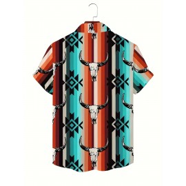 Men's Western Style Bull Skull 3D Print Casual Shirt, Button Front Short Sleeve Top, Men's Clothes For Daily Wear/Party Men's Western Style Bull Skull 3D Print Casual Shirt, Button Front Short Sleeve Top, Men's Clothes For Daily Wear/Party