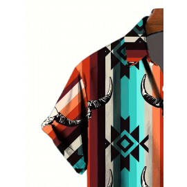 Men's Western Style Bull Skull 3D Print Casual Shirt, Button Front Short Sleeve Top, Men's Clothes For Daily Wear/Party Men's Western Style Bull Skull 3D Print Casual Shirt, Button Front Short Sleeve Top, Men's Clothes For Daily Wear/Party