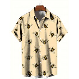 Bees Pattern Allover Print Men's Short Sleeve Lapel Shirt Top, Male Casual Button Up Shirt For Daily And Vacation Resorts Beach Bees Pattern Allover Print Men's Short Sleeve Lapel Shirt Top, Male Casual Button Up Shirt For Daily And Vacation Resorts Beach