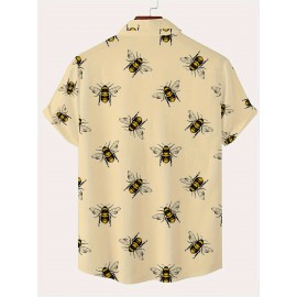 Bees Pattern Allover Print Men's Short Sleeve Lapel Shirt Top, Male Casual Button Up Shirt For Daily And Vacation Resorts Beach Bees Pattern Allover Print Men's Short Sleeve Lapel Shirt Top, Male Casual Button Up Shirt For Daily And Vacation Resorts Beach