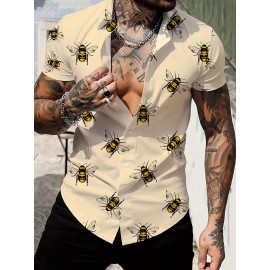 Bees Pattern Allover Print Men's Short Sleeve Lapel Shirt Top, Male Casual Button Up Shirt For Daily And Vacation Resorts Beach Bees Pattern Allover Print Men's Short Sleeve Lapel Shirt Top, Male Casual Button Up Shirt For Daily And Vacation Resorts Beach
