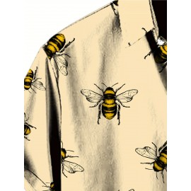 Bees Pattern Allover Print Men's Short Sleeve Lapel Shirt Top, Male Casual Button Up Shirt For Daily And Vacation Resorts Beach Bees Pattern Allover Print Men's Short Sleeve Lapel Shirt Top, Male Casual Button Up Shirt For Daily And Vacation Resorts Beach