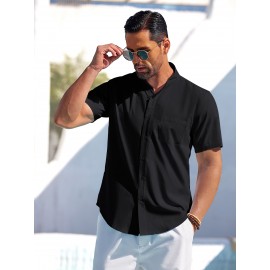 Men's Casual Button Down Cotton Shirts Short Sleeve Band Collar Beach Summer Shirt Tops Men's Casual Button Down Cotton Shirts Short Sleeve Band Collar Beach Summer Shirt Tops