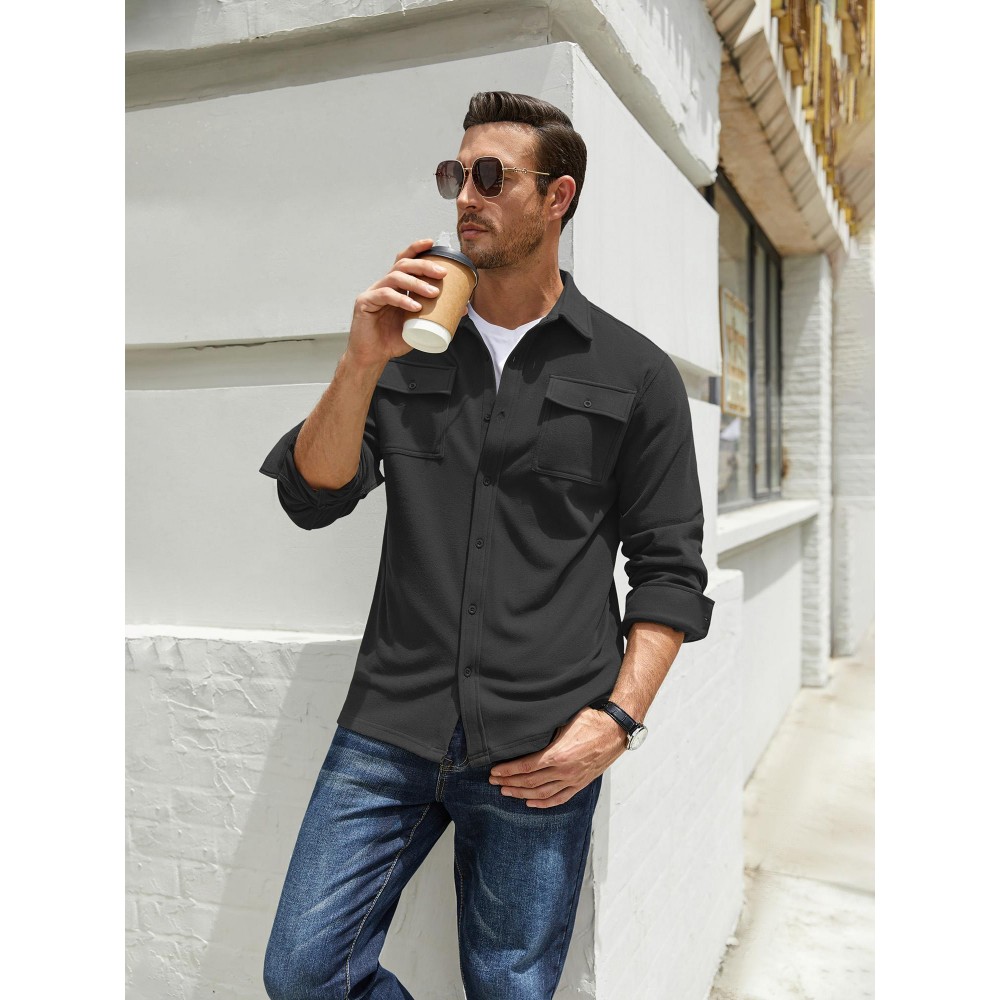 1pc Men'S Casual Polyester Shirting Jacket - Solid Color Long Sleeve Button Down Shacket with Pockets, Non-Stretch Knit Fabric, Regular Fit for Spring/Fall 1pc Men'S Casual Polyester Shirting Jacket - Solid Color Long Sleeve Button Down Shacket with Pockets, Non-Stretch Knit Fabric, Regular Fit for Spring/Fall