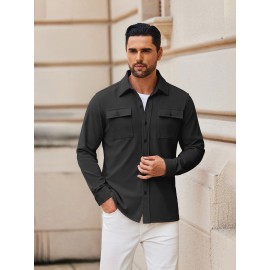 1pc Men'S Casual Polyester Shirting Jacket - Solid Color Long Sleeve Button Down Shacket with Pockets, Non-Stretch Knit Fabric, Regular Fit for Spring/Fall 1pc Men'S Casual Polyester Shirting Jacket - Solid Color Long Sleeve Button Down Shacket with Pockets, Non-Stretch Knit Fabric, Regular Fit for Spring/Fall