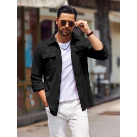 1pc Men'S Casual Polyester Shirting Jacket - Solid Color Long Sleeve Button Down Shacket with Pockets, Non-Stretch Knit Fabric, Regular Fit for Spring/Fall 1pc Men'S Casual Polyester Shirting Jacket - Solid Color Long Sleeve Button Down Shacket with Pockets, Non-Stretch Knit Fabric, Regular Fit for Spring/Fall