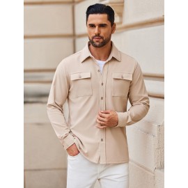 1pc Men'S Casual Polyester Shirting Jacket - Solid Color Long Sleeve Button Down Shacket with Pockets, Non-Stretch Knit Fabric, Regular Fit for Spring/Fall 1pc Men'S Casual Polyester Shirting Jacket - Solid Color Long Sleeve Button Down Shacket with Pockets, Non-Stretch Knit Fabric, Regular Fit for Spring/Fall