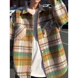 Color Block Plaid Men's Retro Long Sleeve Button Down Shirt With Chest Pockets, Spring Fall Casual Outdoor Loose Shirt Color Block Plaid Men's Retro Long Sleeve Button Down Shirt With Chest Pockets, Spring Fall Casual Outdoor Loose Shirt