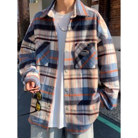 Color Block Plaid Men's Retro Long Sleeve Button Down Shirt With Chest Pockets, Spring Fall Casual Outdoor Loose Shirt Color Block Plaid Men's Retro Long Sleeve Button Down Shirt With Chest Pockets, Spring Fall Casual Outdoor Loose Shirt