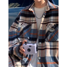 Color Block Plaid Men's Retro Long Sleeve Button Down Shirt With Chest Pockets, Spring Fall Casual Outdoor Loose Shirt Color Block Plaid Men's Retro Long Sleeve Button Down Shirt With Chest Pockets, Spring Fall Casual Outdoor Loose Shirt