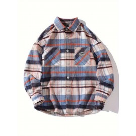 Color Block Plaid Men's Retro Long Sleeve Button Down Shirt With Chest Pockets, Spring Fall Casual Outdoor Loose Shirt Color Block Plaid Men's Retro Long Sleeve Button Down Shirt With Chest Pockets, Spring Fall Casual Outdoor Loose Shirt