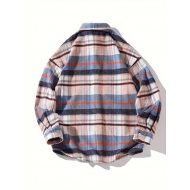 Color Block Plaid Men's Retro Long Sleeve Button Down Shirt With Chest Pockets, Spring Fall Casual Outdoor Loose Shirt Color Block Plaid Men's Retro Long Sleeve Button Down Shirt With Chest Pockets, Spring Fall Casual Outdoor Loose Shirt