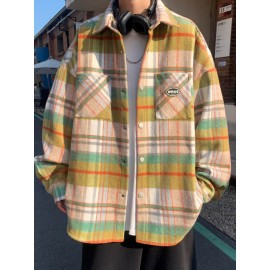 Color Block Plaid Men's Retro Long Sleeve Button Down Shirt With Chest Pockets, Spring Fall Casual Outdoor Loose Shirt Color Block Plaid Men's Retro Long Sleeve Button Down Shirt With Chest Pockets, Spring Fall Casual Outdoor Loose Shirt